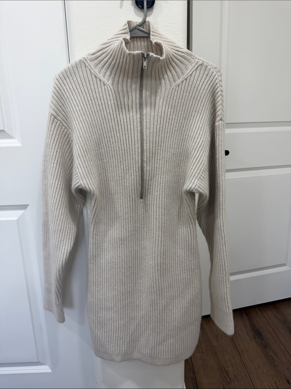 H&M Cream Ribbed Half-Zip Sweater Dress